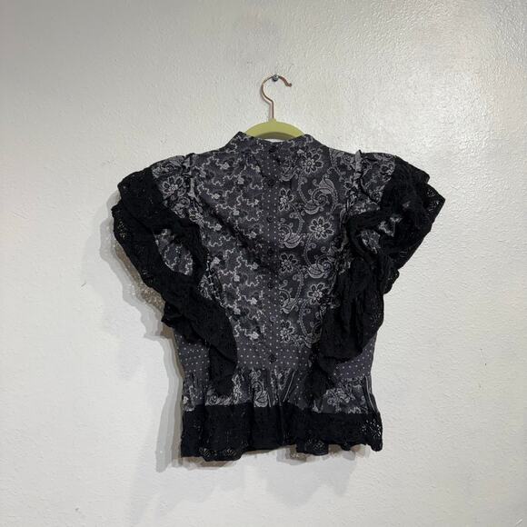 Hunter Bell NYC Black Gray Floral Stripe Eliza Ruffle Lace Top Sz 0 - Picture 9 of 11